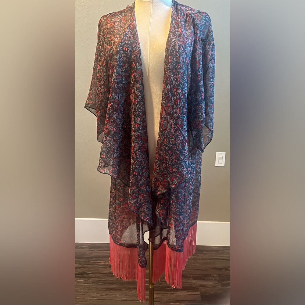 Sheer LulaRoe Kimono with Pink Fringe